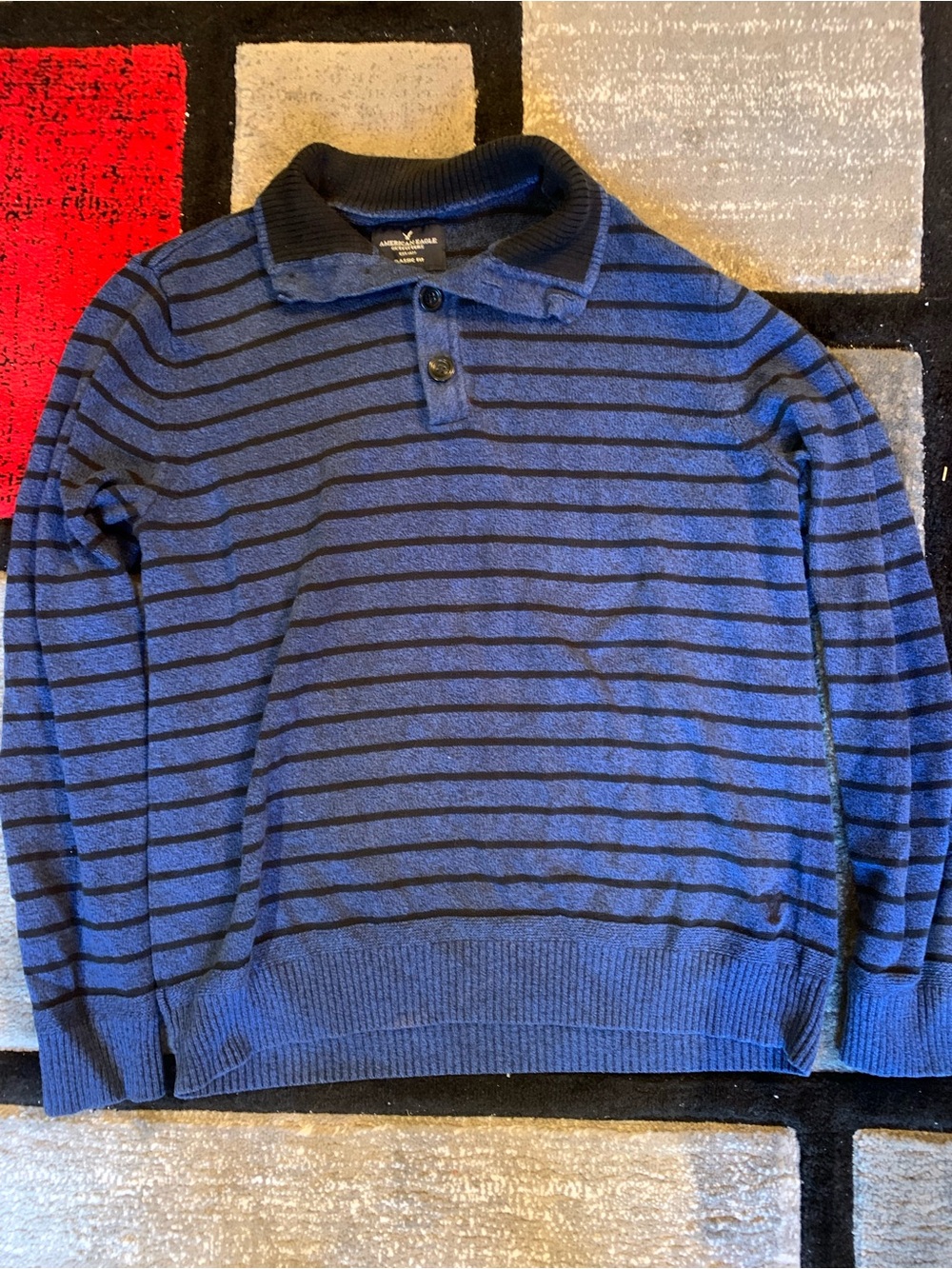 American Eagle Outfitters Blue and Black Striped V‑Neck Polo Sweater